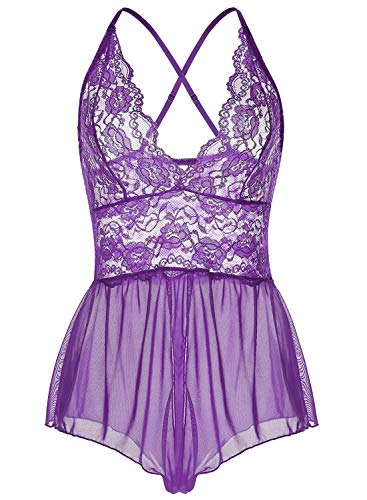 Lingerie for Women Sexy One Piece Lace Teddy Bodysuit Mesh Babydoll (Medium, Purple)