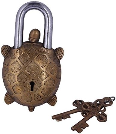 Purpledip Tortoise/Turtle Shaped Antique Design Handcrafted Brass Safety Lock or Padlock, Gold, Standard
