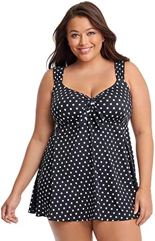 Longitude Women's Plus Size Swimwear Dot to Dot Tie Front Sweetheart Neckline Tummy Control Long Torso One Piece Swimdress