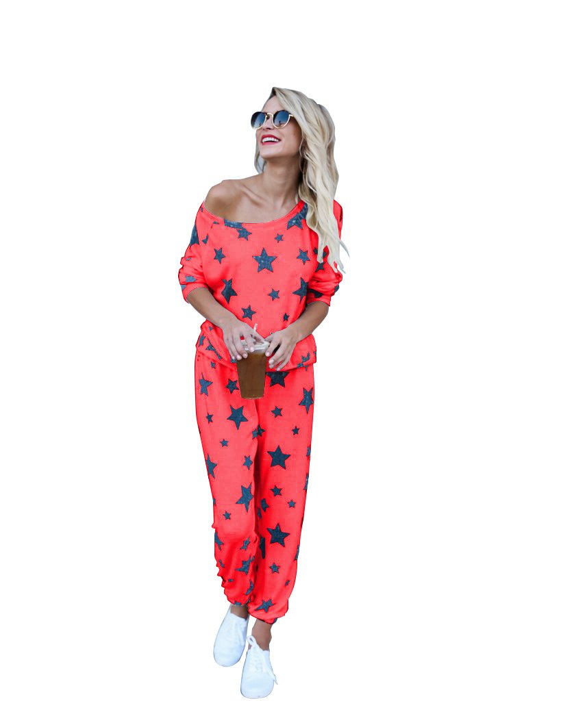 Mycherish Women Round Neck Cotton Flannel Pajamas Two Pieces Set with Star Pattern XX-Large Red