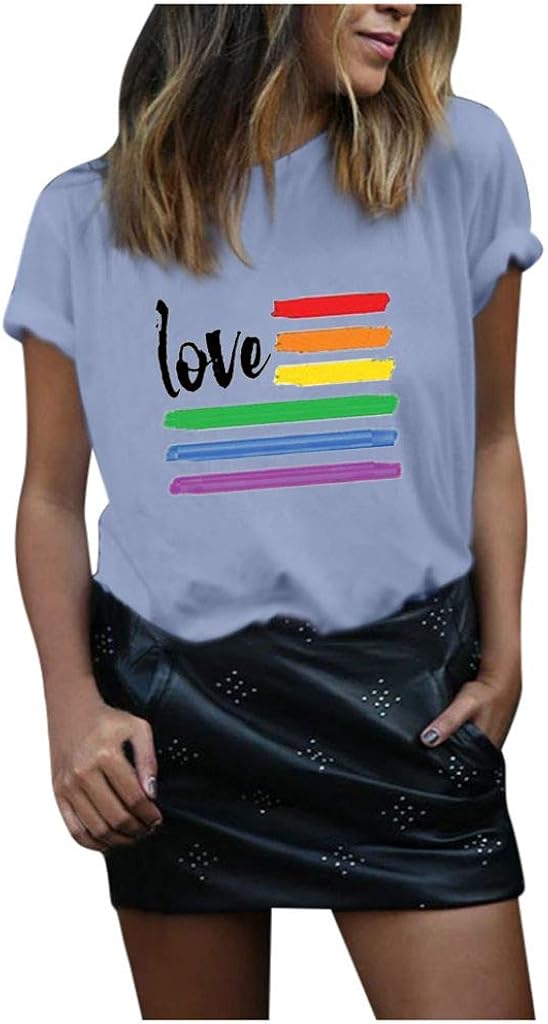 VEFSU Rainbow Stripe Blouse Casual Letter Printed O-Neck Tops Short Sleeve T-Shirts for Women