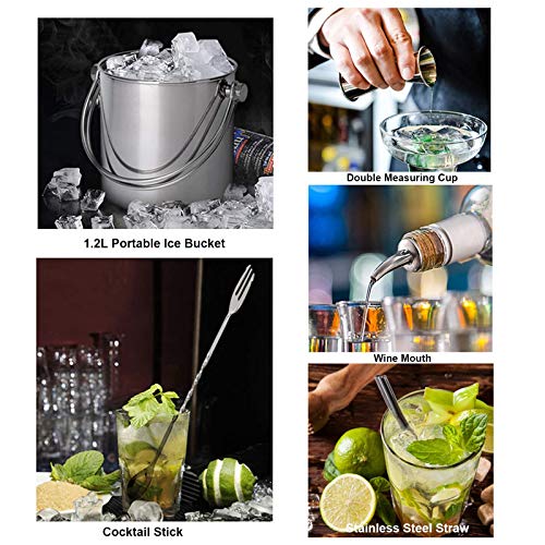 PIVFEDQX 10-teiliges Cocktail-Shaker-Bar-Werkzeugset Edelstahl-Barkeeper-Kit mit 1,2-l-Eiskübel, doppelt messbarem… – Bild 4