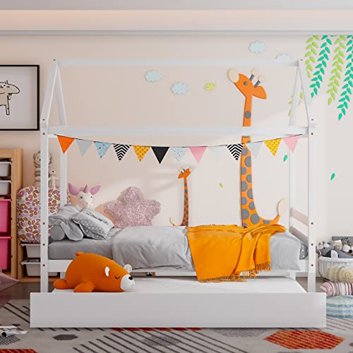 Giantex House Bed with Trundle, Solid Wood Twin Size Daybed for Girls & Boys, Kids Platform Bed