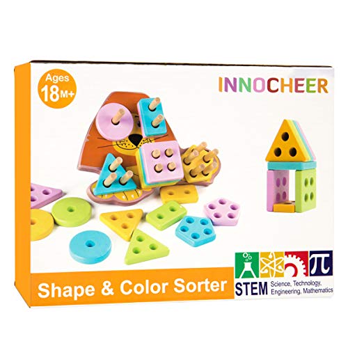 INNOCHEER Wooden Puzzle, Toddler Game, Shapes Sorter Preschool Geometric Blocks Stacking Games for 1 2 3 4-5 Year Old Kids