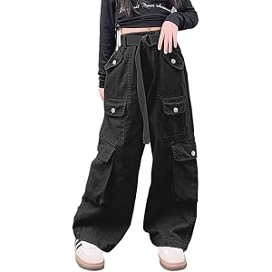 AOWKULAE Girls Cargo Multi Pocket Wide Leg Pants with Belt Kids 6-16 Years | Baggy Comfortable Six pockets Pants, High Waist