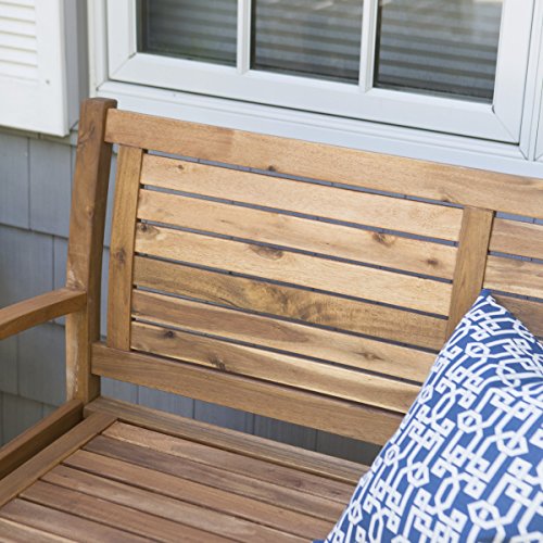 Contemporary 4 ft. Horizontal Slat Back Outdoor Garden Bench Made Of Premium Acacia Wood With Slightly Curved Arms In Natural Acacia Wood Finish, 600 pounds weight capacity - Assembly Required - Thumbnail 5