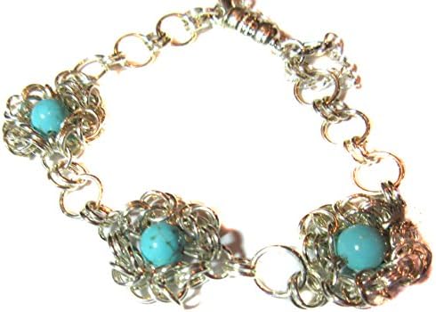 Bracelet Exquisite Intricate Ancient Byzantine Romanov Weave With Nested Genuine Turquoise .925 Sterling Silver With Magnetic Clasp And Safety Chain