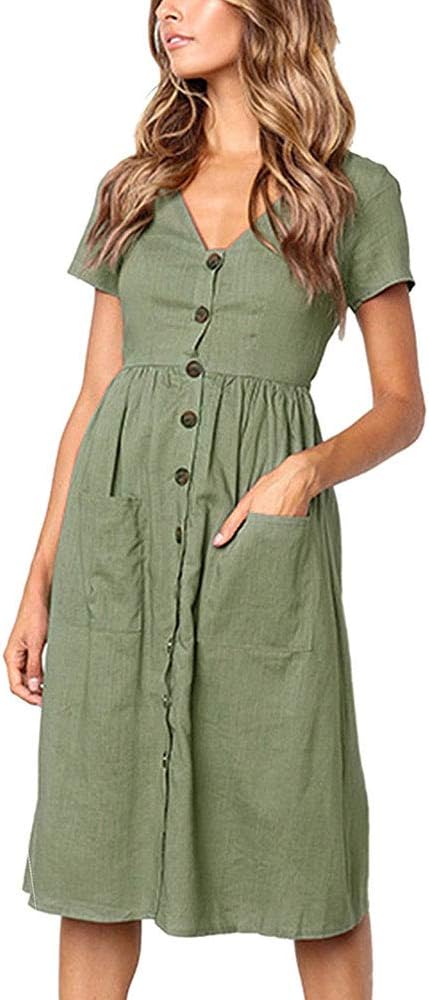 TEDDSummer Dresses for Women Casual Midi Dress Short Sleeve Shirt Dress V Neck Button Decoration Swing A Line Tunic Dress with Pockets