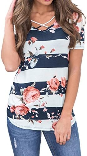 Clearence! Women's Floral Printed Short Sleeve Criss Cross V-Neck Casual Blouse Tops T-Shirt (Large(US8), Blue) (US12=TagXL, Blue)
