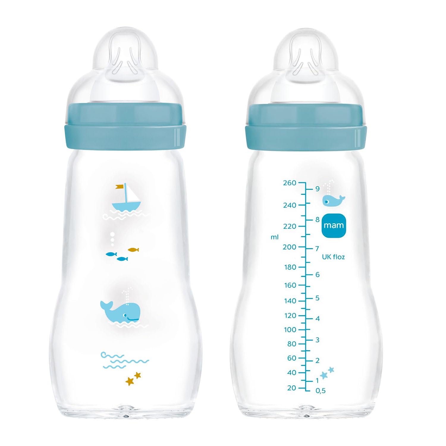 MAM Feel Good Glass Bottle Neutral 260ml Silicone Teat 0+ Pack of 2