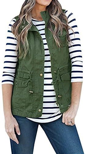Minma Women's Sleeveless Lightweight One-Shoulder Brace Button Vest Jacket With Zipper &amp; Button &amp; Drawstring &amp; Pockets (M, Army Green)
