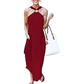 ANRABESS Women Summer Halter Neck Sundress Sleeveless Split Side Casual Beach Travel Vacation Maxi Long Dress with Pockets