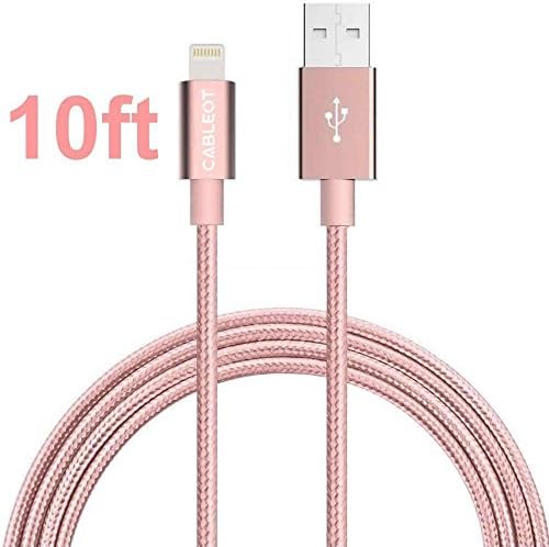 iPhone Charger, CABLEOT 10FT/3M 8pin Lightning Cable Nylon Braided Charging Cable Extra Long USB Sync Cord for iphone se, 7, 7 plus,6s, 6s plus, 6plus, 6,5s 5c 5,iPad Mini, Air,Pro,iPod (Rose Gold)