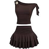 Floerns Women's 2 Piece Outfits Off The Shoulder Tie Side Ruched Waist Tops & Pleated Layered Ruffle Mini Skirt Sets