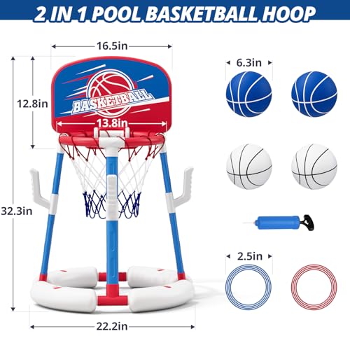 2 in 1 Pool Basketball Hoop Set with Backboard & Ring Toss Game, Floating Water Basketball Game with 4 Balls, 8 Rings & Pump, Summer Outdoor Swimming Pool Toys Gifts for Adults Kids Teens, Red