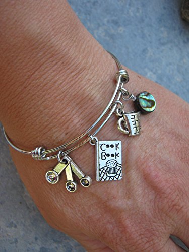 Baker Chef Bracelet with Abalone Shell, Expandable Bangle Bracelet, Stainless Steel Bracelet, Cookbook Jewelry, Home Baker Gift