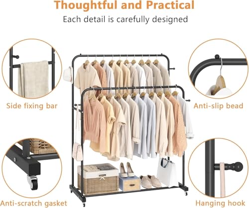 ORCHID M® Double Rod Clothing Rack with Wheels,Heavy-Duty Clothes Hanging Rack with Lockable Wheels for Bedroom, Free-Standing Closet Organizer with Storage Shelves, Entryway, and Office
