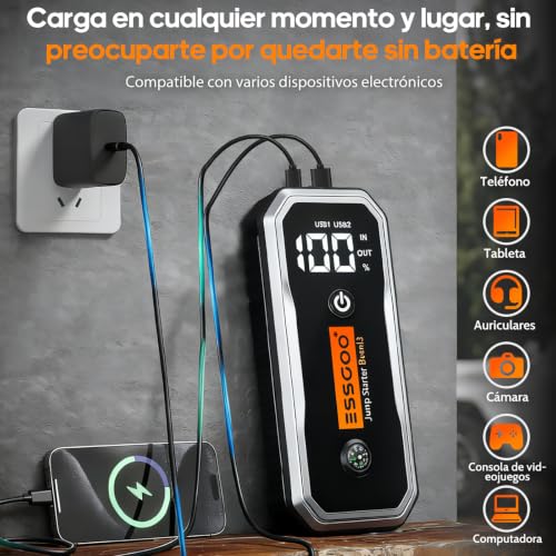 Essgoo Arrancador de Bateria de Auto Portatil con Linterna de Emergencia | Pantalla LED Y Todos Los Accesorios, Jump Starter Coche De 12V (10,0L Gasolina/8,0L Diésel)