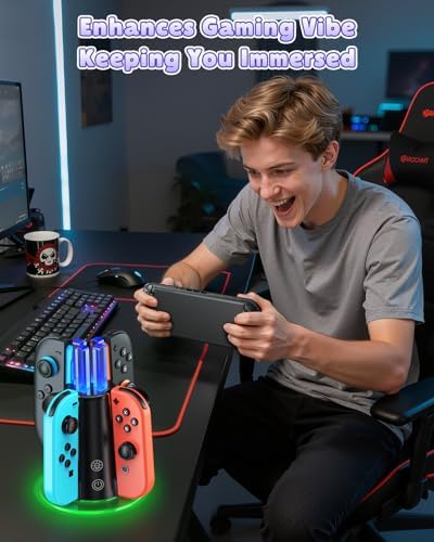 Switch Controller Stazione di ricarica per Joy Con 2 e 1 con luci RGB, compatibile con Nintendo Switch 2 e 1 e accessori OLED, supporto di ricarica portatile, controller compatto