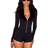 YOUFE Womens Sexy Faux Fur Romper Deep V Neck Buckle Long Sleeve Shorts Jumpsuit Y2K Bodycon Club Outfit Going Out