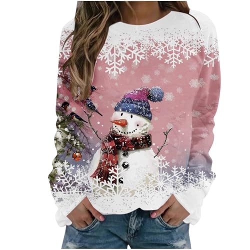 Ladies Christmas Jumpers,Christmas Jumpers for Women Fall Shirts Ladies Crew Neck Print Sweatshirt Tops Sweaters Winter Casual Outwear Pullover Outfits Casual Women'S Clothing Hot Pink Xl