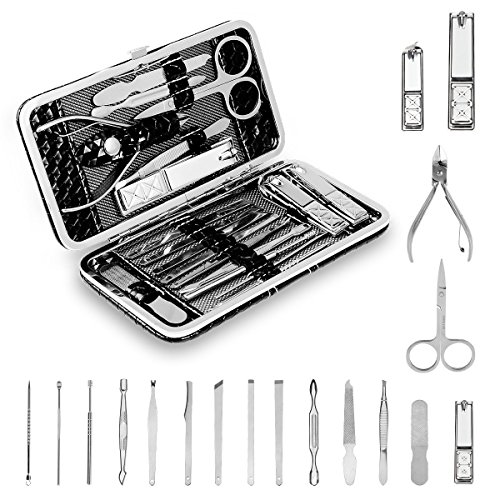 Manicure Pedicure Set Nail Clippers Travel Hygiene Kit Stainless Steel Nail Cutter Care Set Scissor Tweezer Knife Ear Pick Utility Tools Grooming Kits with Leather Case 18 in 1 pcs