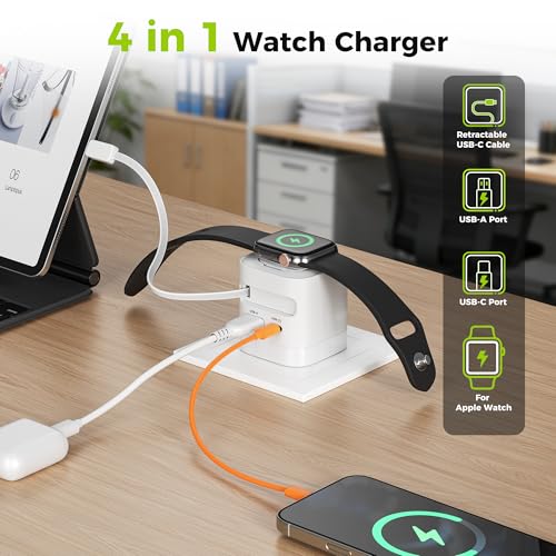 CHARCO 4 en 1 Cargador para Apple Watch, 35W Cargador USB C con Cable Retráctil Integrado Incluye 2 Puertos USB, Cargador Inalámbrica Compatible con iPhone/AirPods/Relojes Smartwatch, Blanco