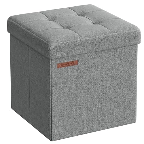 SONGMICS 30 cm Bench with Storage Space, Folding Seat Chest, Storage Box, Footstool, Light Grey LSF028G02