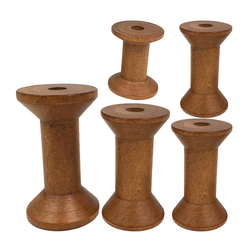 HOODANCOS Wooden Yarn Holder Spools Set 5Pcs Vintage Bobbins for Sewing Thread Storage and Home Weaving Organizer