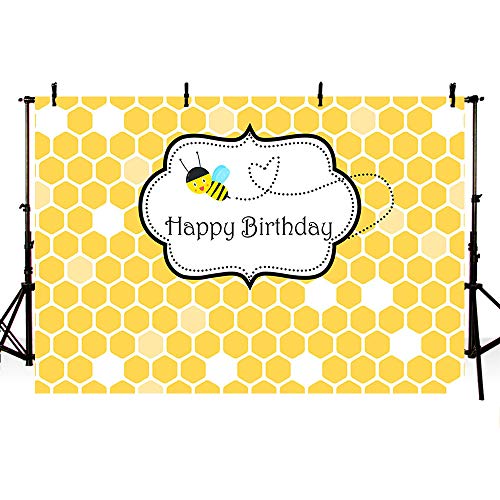 MEHOFOTO 7x5ft Sweet Bee Theme Happy Birthday Party Backdrop Yellow Bee-Day Honeycomb Photography Background Photo Banner