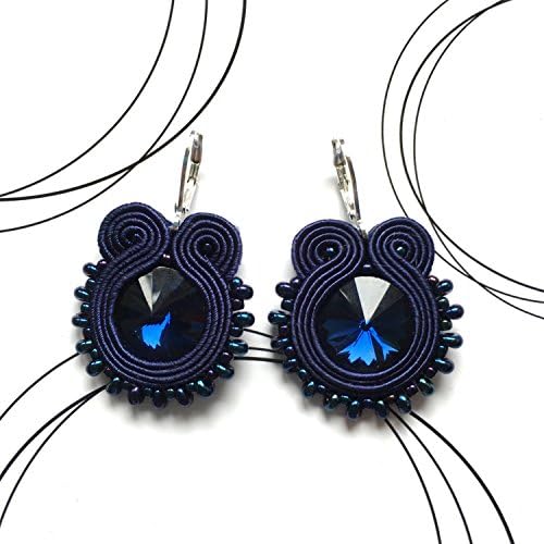 Navy soutache earrings, jewelry for jeans, dangle earrings with glass crystals, everyday earrings