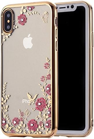 iPhone X Bling Case, Miniko(TM) Floral Butterfly Secret Garden Design Pattern with Rhinestone Glitter Clear Soft TPU Gel Slim Back Case Cover for Apple iPhone X Gold