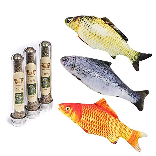 MR-BABULA Catnip Toy, 3 PCS Refillable Plush Realistic Fish,12 Inch & 3 Bottles of Catnip