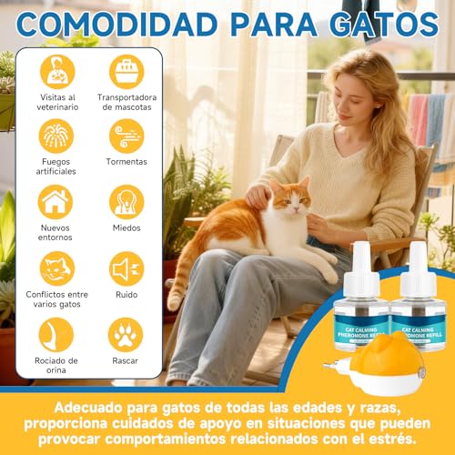 3 in 1 Pheromone Soothing Diffuser for Cats, Compatible with Common Diffusers, Pheromone Diffuser Cats 60 Days for Stress, Relaxation and Anxiety, for Cats and Kittens (1 Diffuser + 2 Refills)