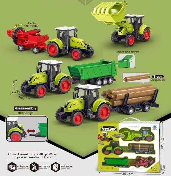 AptoFun Baufahrzeug Set 1:55, 2 Friction Tractors, One with Front Loader and Log Clamp + 3 Universal Trailers + 5 Tree Trunks for Children from 1 Year Old