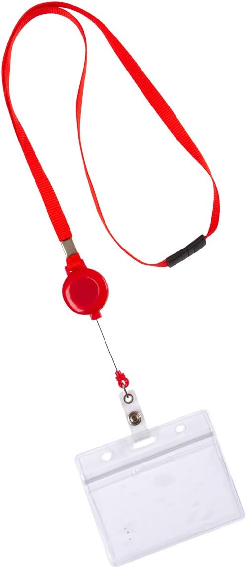 Lovely Lanyards Pack of 5 All-In-One Neck Lanyard with Retractable Reel, Breakaway Clasp, Clear Plastic Vertical ID Badge Holder (Red)