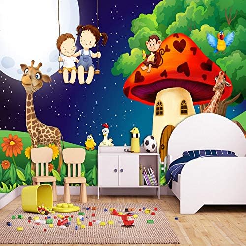 Wallpaper Green Forest Cartoon Animal Mushroom Room Moon Giraffe Wallpaper for Kids Room Children Bedroom Wall Decor Mural 250x175CM