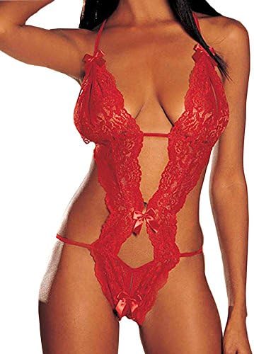 JALIYO Women's Sexy Lingerie Babydoll Chemise Deep V Neck Halter Lace Bodysuit (10 Red, S)