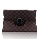 Generic Stylish Ultra Slim Slim-Fit Lightweight Luxury Grid Placid Pattern Design Series 360 Degree Rotating Stand PU Leather Smart Case Cover with Auto Sleep / Wake Feature Corner Protection & Multi-Angle Viewing for Apple iPad Air (New iPad 5 5th Generation) 2013 Release+ Free Gift ONE Stylus Pen- Brown/Coffee