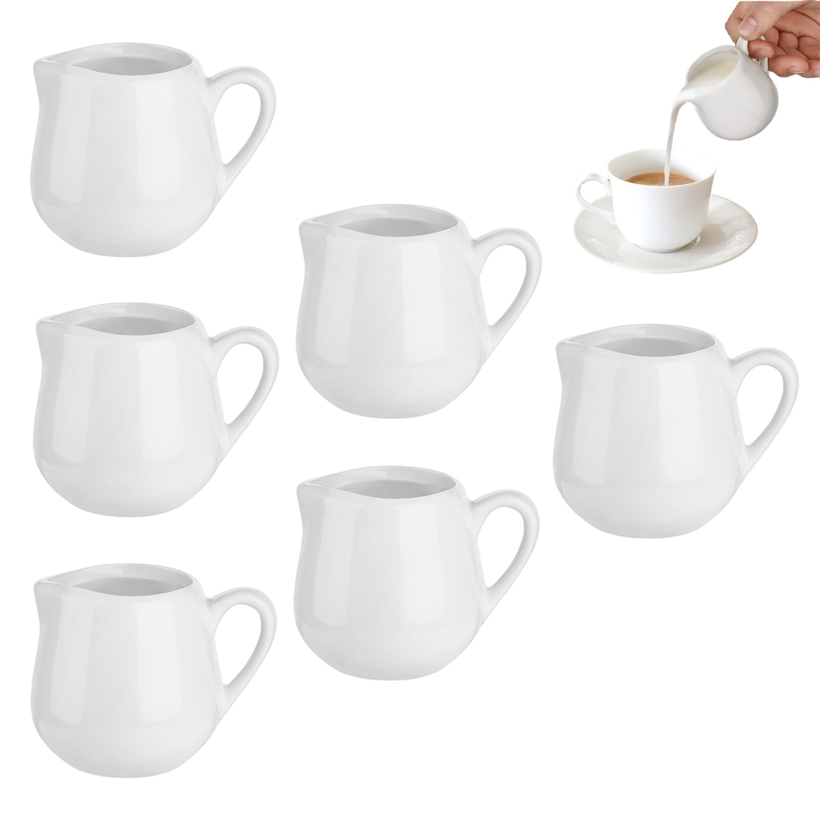 Luxshiny 6pcs Mini Creamer Jug 110ml White Ceramic Milk Jug with Handle Small Porcelain Serving Pitcher for Coffee & Tea, Non-Drip Sauce Gravy Boat, Microwave & Dishwasher Safe