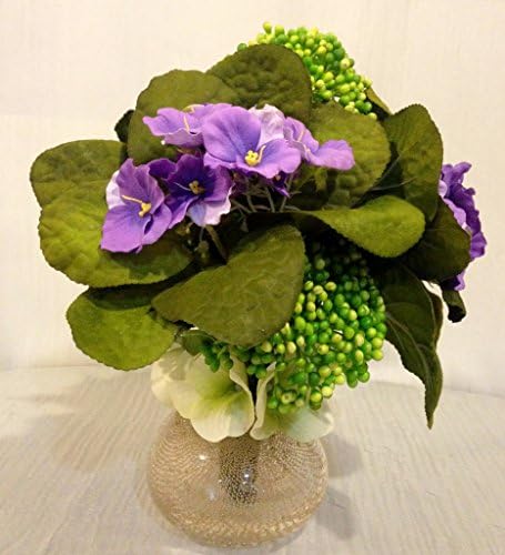 Purple African Violet and Sedum Plant Arrangement in Copper Glass Vase, (Quantity of 2) Office Home Decor Plant, Handcrafted at thefloralmart