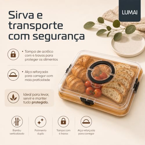 LUMAI Bandeja de Frios Paris com Tampa Acrílica, 4 Travas e Alça | Dupla Face Polida Impermeabilizada, Charcutaria, Queijos, Frios, Frutas, Servir, Carregar, Piquenique