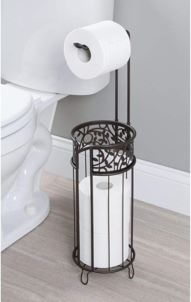 mDesign Metal Freestanding Toilet Paper Roll Holder Stand and Dispenser with Storage for 3 Rolls of Reserve Toilet Tissue - for Bathroom Storage Organizing - Holds Mega Rolls, Floral Pattern - Satin: Home & Kitchen