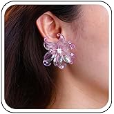 Sttiafay Acrylic Flower Earrings Large Resin Flower Earrings Purple Acrylic Floral Earrings Statement Floral Petal Earrings Crystal Flower Stud Earrings Jewelry for Women