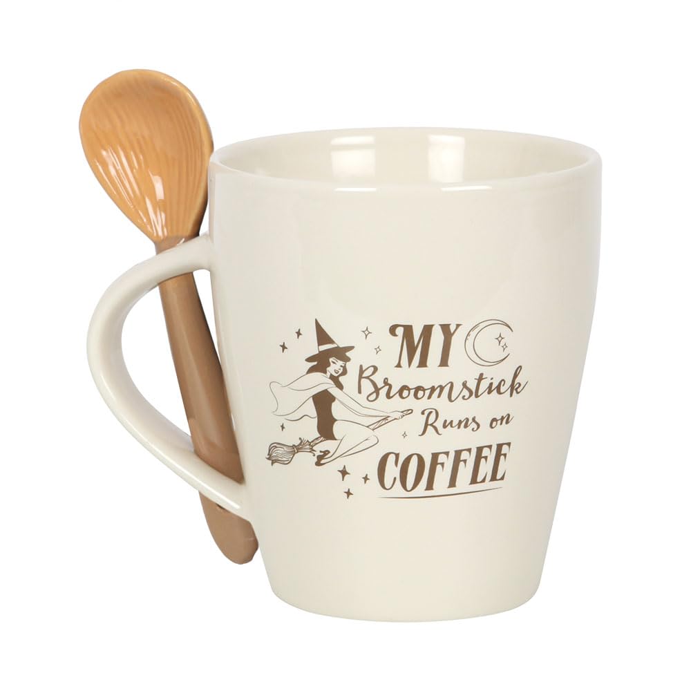 Broomstick Runs on Coffee Mug and Spoon - Witch Mug Set for Halloween, Gothic Style, Witches Brew, Perfect Halloween Mugs for Adults