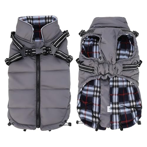 babepet Warmer Hundemantel mit Geschirr, wasserdicht, für kleine Hunde, Winterkleidung mit Brustgurt, Welpenmantel mit Reißverschluss, für Spaziergänge im Freien, Grau, Größe M