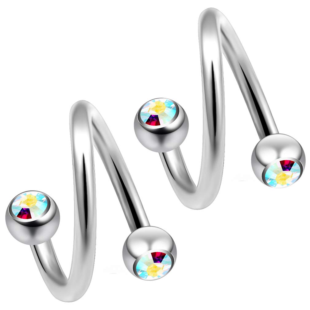 2pc Twisted Barbell 1.2mm 16g Piercing Earrings Helix Cartilage Twist 316LVM Surgical Steel Daith Spiral Navel Bar Banana Button Ring Navel Gauge Twister Body Jewellery Aurora Borealis Crystal 10mm