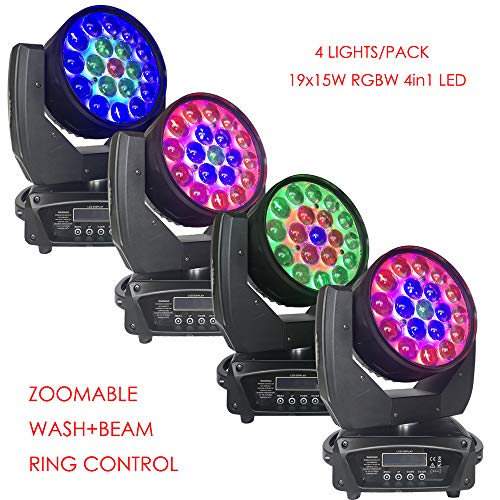 [4-Pack] 19x15W Zoom Beam Wash Moving Head Light for Stage Lighting Effect with RGBW 4in1 LED and Dmx Control Dj Disco and Nightclub