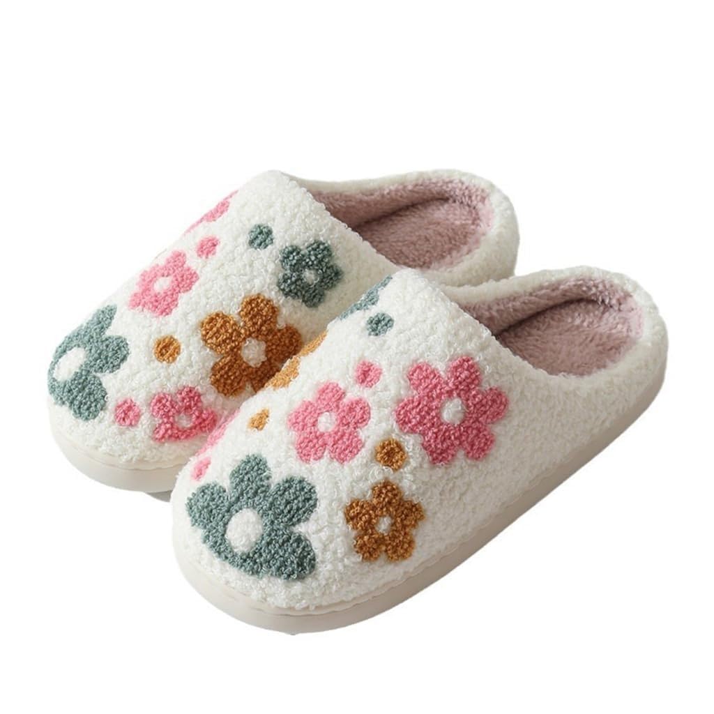 Photo 1 of Furry House Slippers for Women/Men Warm Indoor Non-Slip Winter Shoes Flower Slippers Indoor Shoes