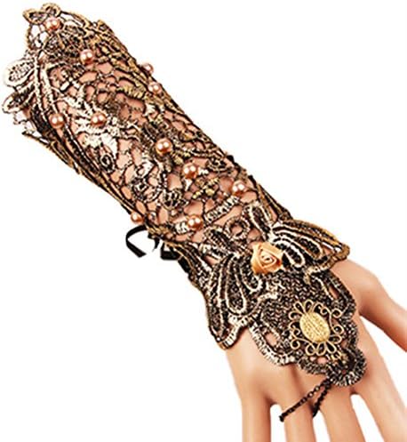 MIUNIKO Women's Gothic Beaded Handmade Lace Bridal Bracelet Ring Set Wedding Party Accessories (Gold 3)